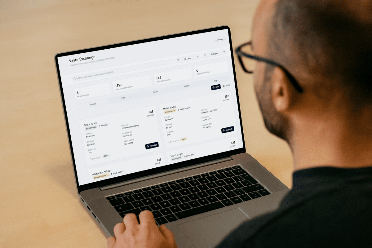 View of the screen of a laptop seen over the shoulder of a man with short hair and glasses, in which columns and figures are faintly visible as well as the heading 'Vaste Exchange'