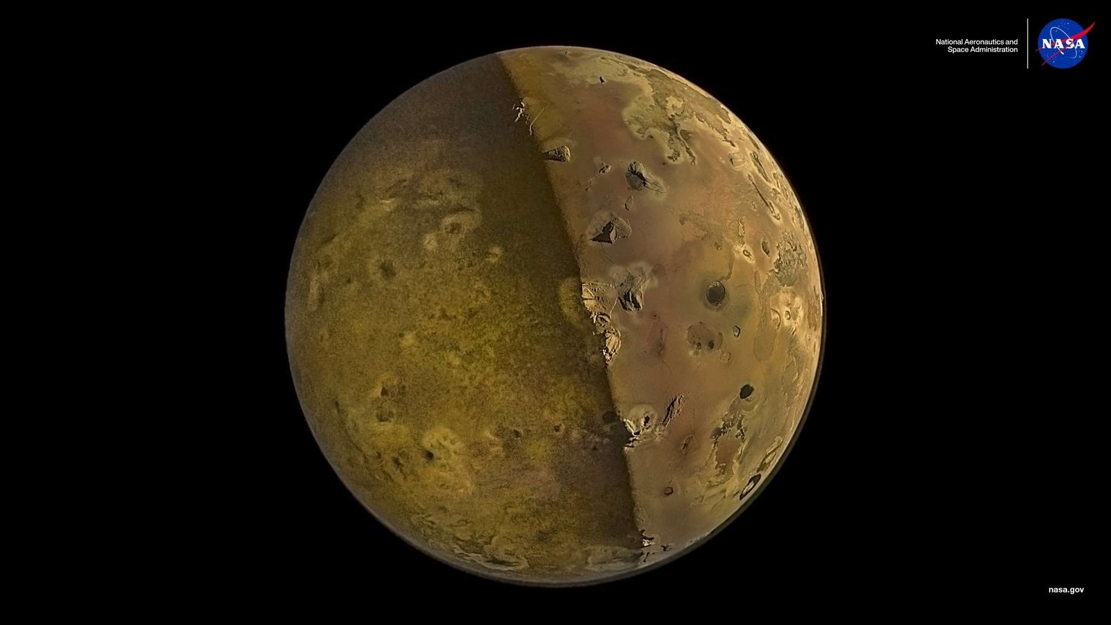 Jupiter's moon, Io, as seen by NASA's Juno spacecraft. Io is yellow-brown and looks somewhat like a potato: some of its geographical features look like the eyes on a potato. Io is partly illuminated by sunshine reflecting off of Jupiter's surface. The darkness of space provides a black background.