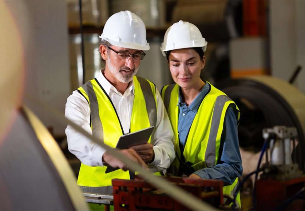 A man and a woman - engineers, presumably - with luminous vests and hard hats look at the screen of a portable device the man is holding in front of him, while around them are visible objects suggestive of an industrial environment