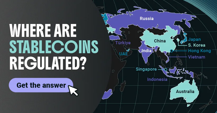 Part of a world map showing stablecoin regulation along with the text "Where are stablecoins regulated?" and a "Get the answer" button.