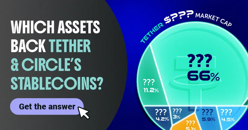 A voronoi chart showing Tether's reserves with question marks for the data labels, along with the text "Which assets back Tether & CIrcle's Stablecoins?"