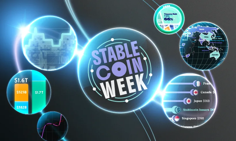 Seven bubbles with the middle one saying stablecoin week and the surrounding bubbles showing parts of different data visualizations.