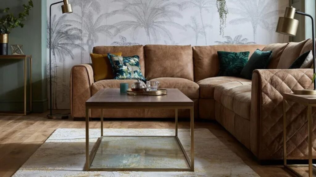 Gray Leather Couch Living Room with Metal Décor