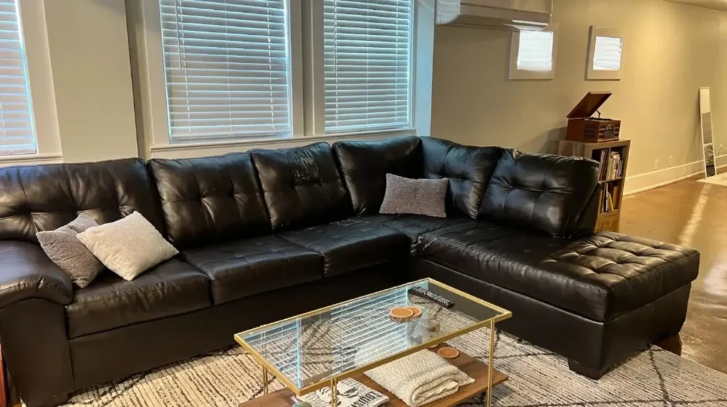Sleek Black Leather Couch Living Room