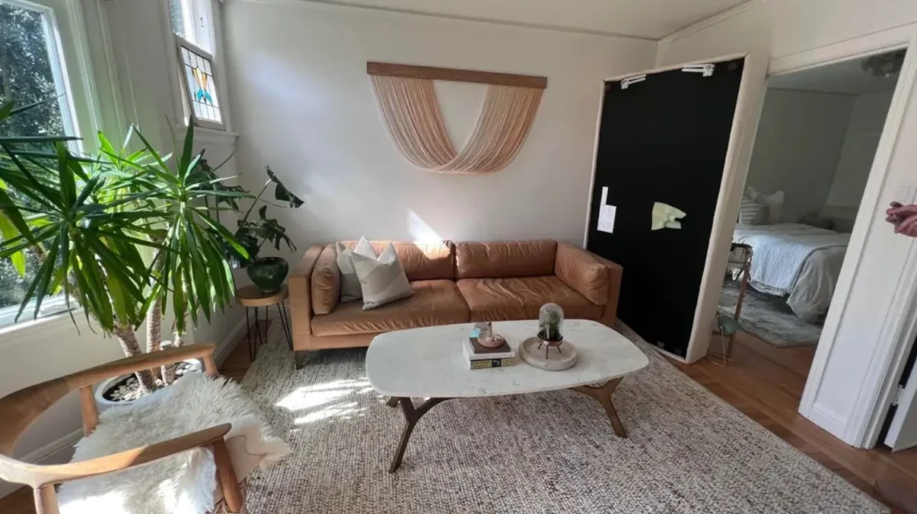 Minimalist Tan Leather Couch Living Room