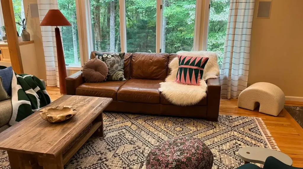 Warm Brown Leather Couch Living Room with Wooden Accents