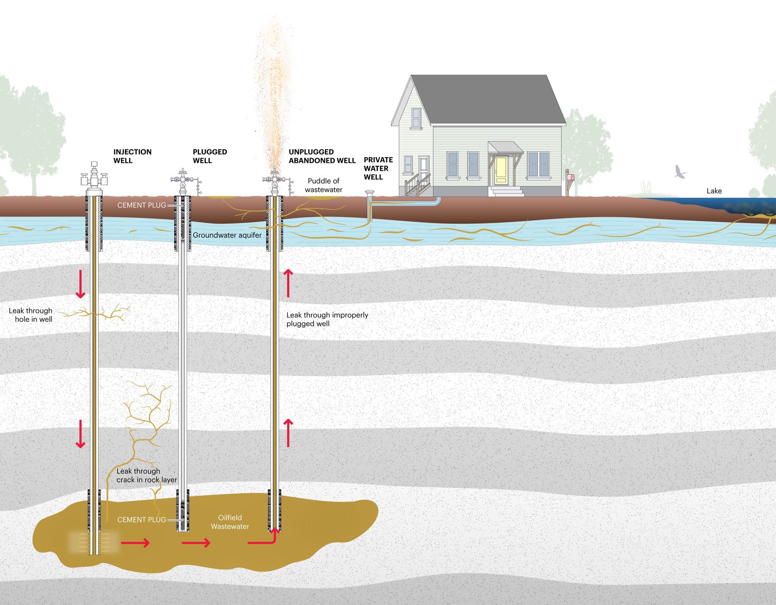 An information graphic depicting a cutaway view of a series of underground wells that shows the various ways wastewater can leak. From the left, wastewater is shown being shot down an injection well. Next to the injection well is a plugged well followed by an unplugged well. Wastewater is shown escaping through cracks in the injection well and a rock layer, and through the unplugged well, seeping into private water wells, bodies of water like lakes, and groundwater aquifers. Wastewater does not escape through the correctly plugged well.
