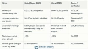 US versus China green hydrogen metrics