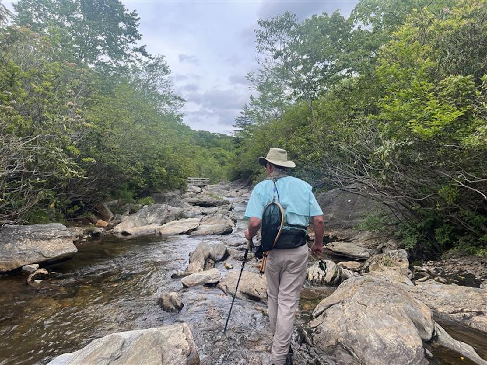 A man in a blue shirt hikes near a stream