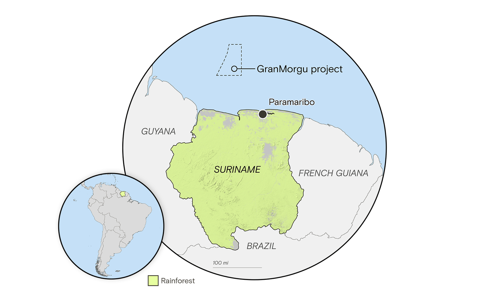A map showing rainforest cover in Suriname, along with the location for the countries proposed GranMorgu offshore oil project.