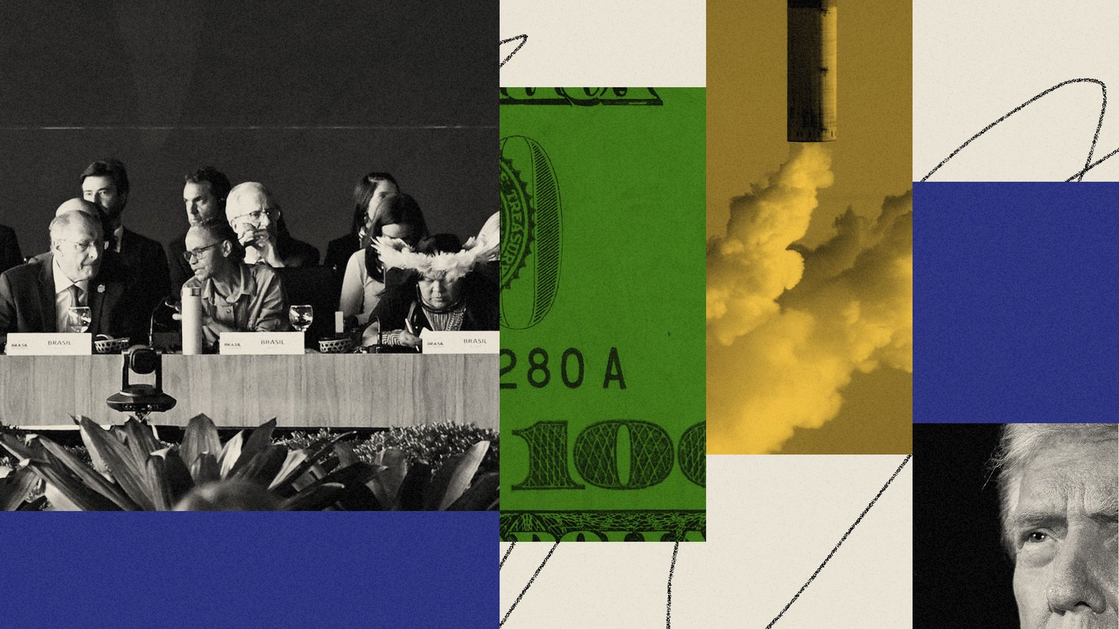 Collage of COP30 preparatory meeting, dollar bill, smokestack, and Trump