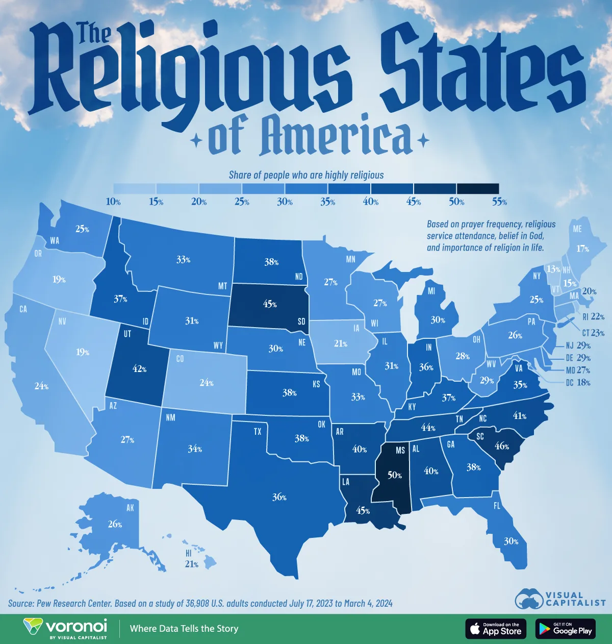 Map of the most religious states in the U.S.