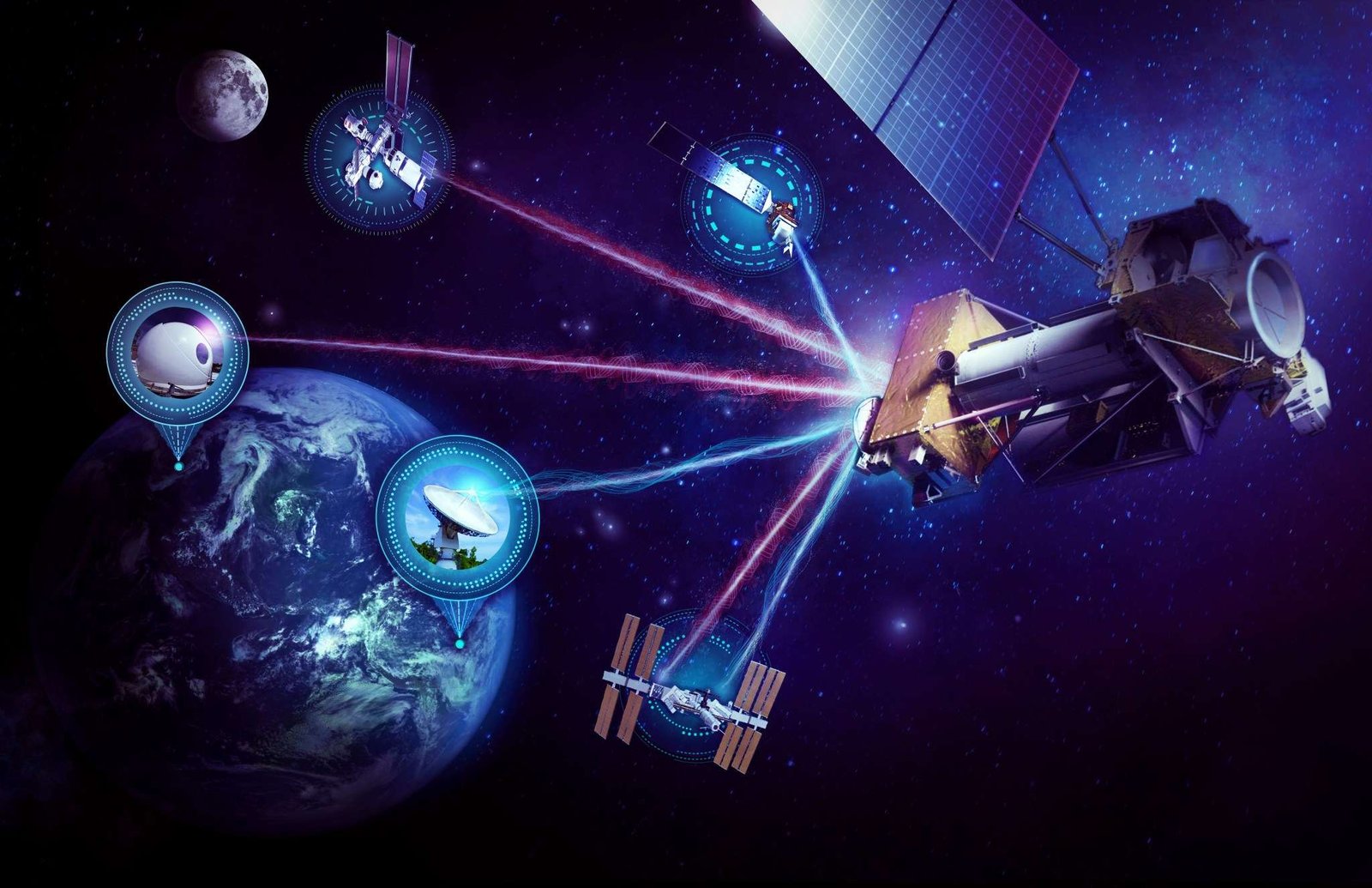 Graphic drawing showing the Earth and the Moon with satellites in space linked by lasers to circles showing planetary habitats, satellite dishes, and the space station.