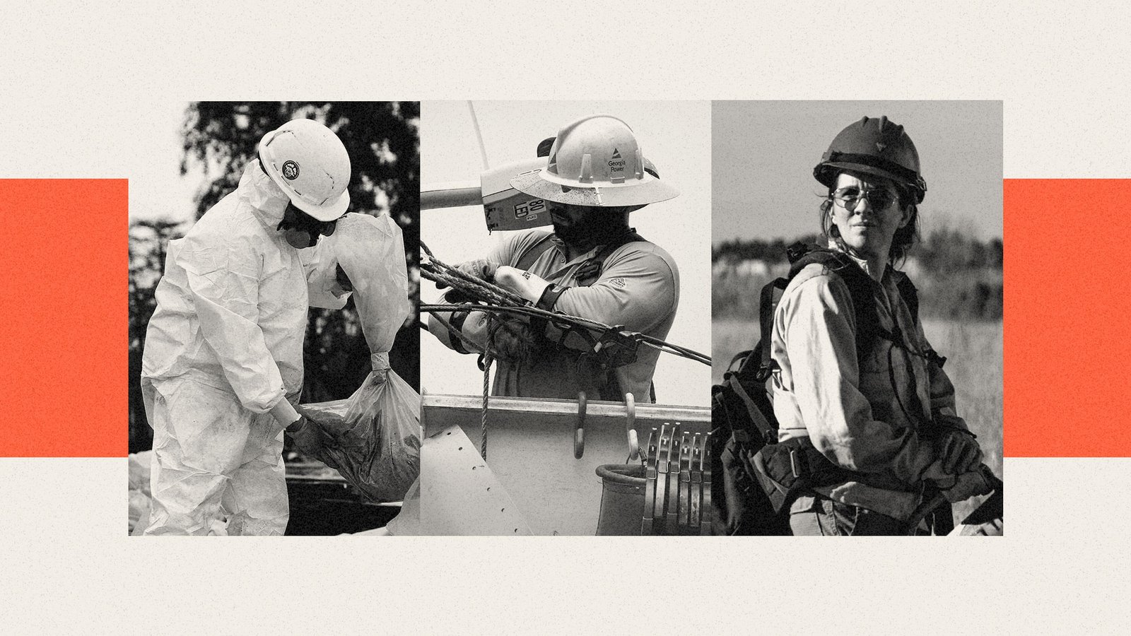 Collage of a worker wearing a hazmat suit cleaning up after wildfire, a worker repairing a power line, and a firefighter standing in a field