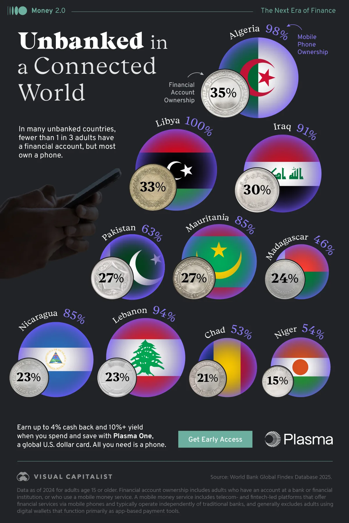 Nested bubble chart showing that in many unbanked countries, fewer than one in three adults have a financial account, but most own a phone.