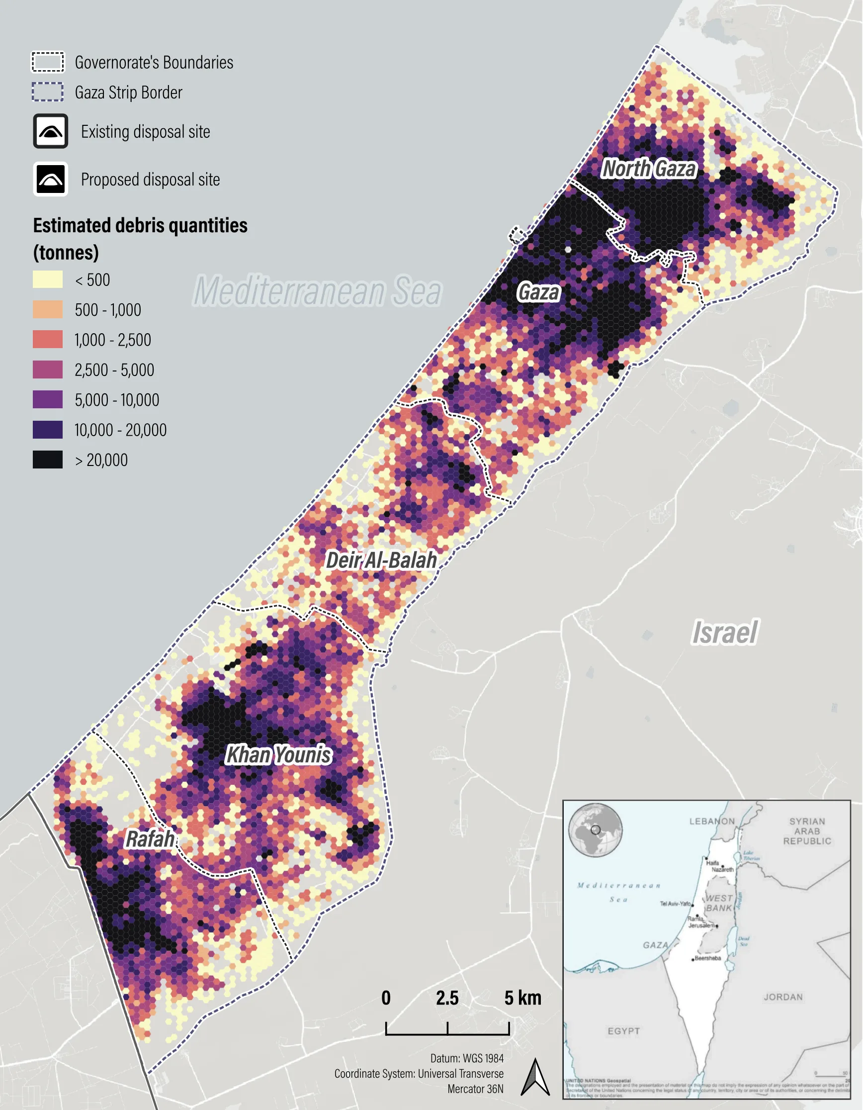 A heat map showing building damage in the Gaza Strip, as of Oct 2025