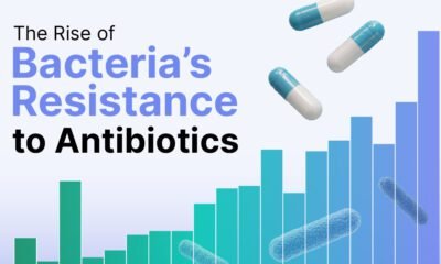Part of a rising bar chart showing rising antibiotic resistance along with images of pills.
