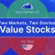 A bubble chart with value outside U.S. above the horizon line and U.S. value below the horizon line along with the text Two Markets, Two Stories: Value Stocks