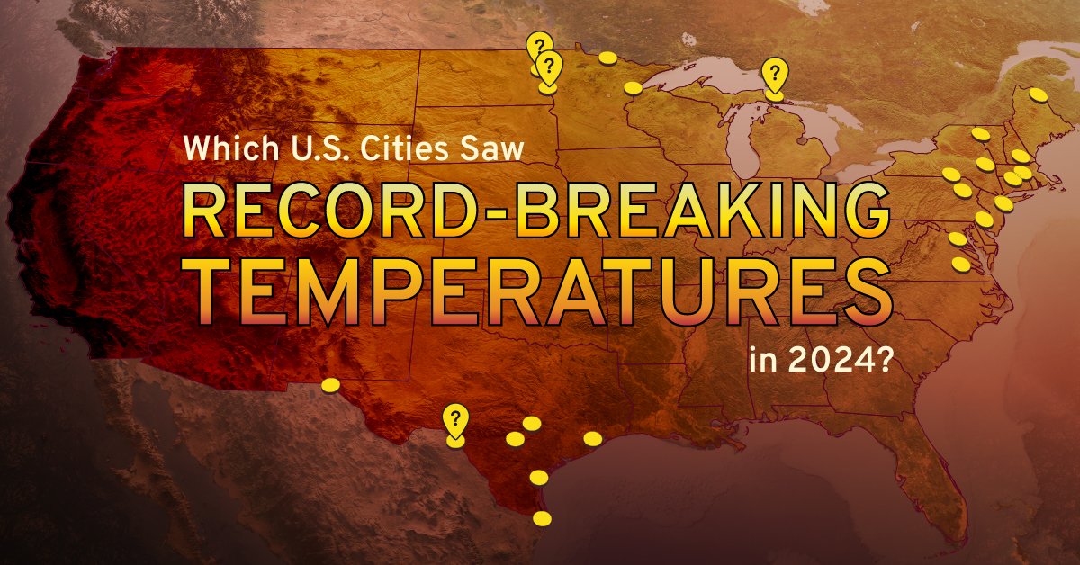Preview of a map showing which cities saw record-breaking temperatures in 2024, using data from NOAA.