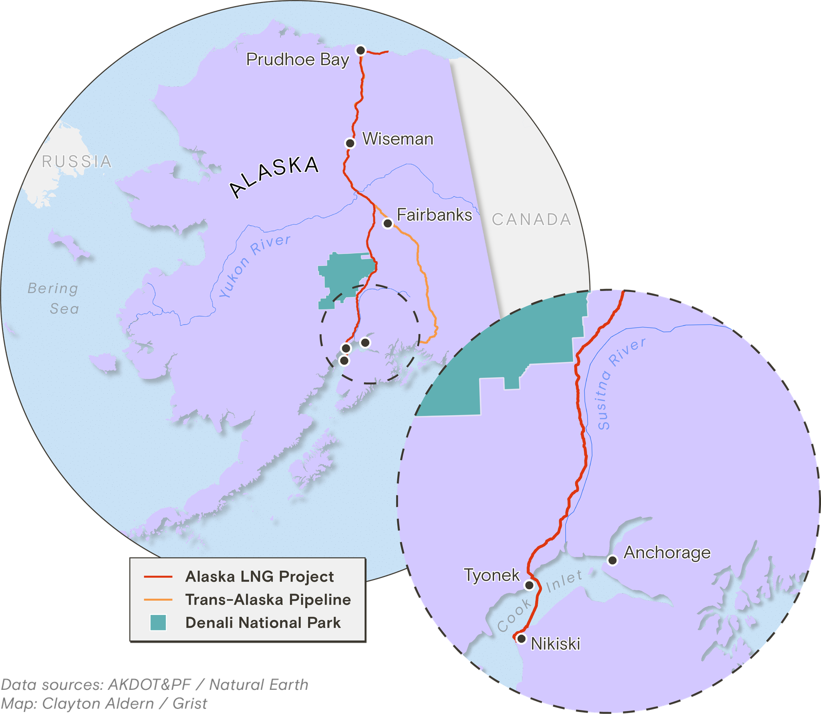 a map showing hte location of a proposed gas pipeline from the North Slope of Alaska to the south