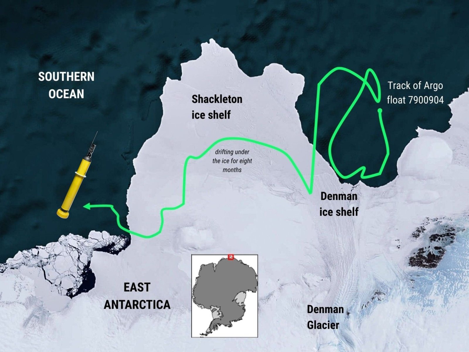 Diagram showing rough map of the area of East Antarctica tracked by the Argo float