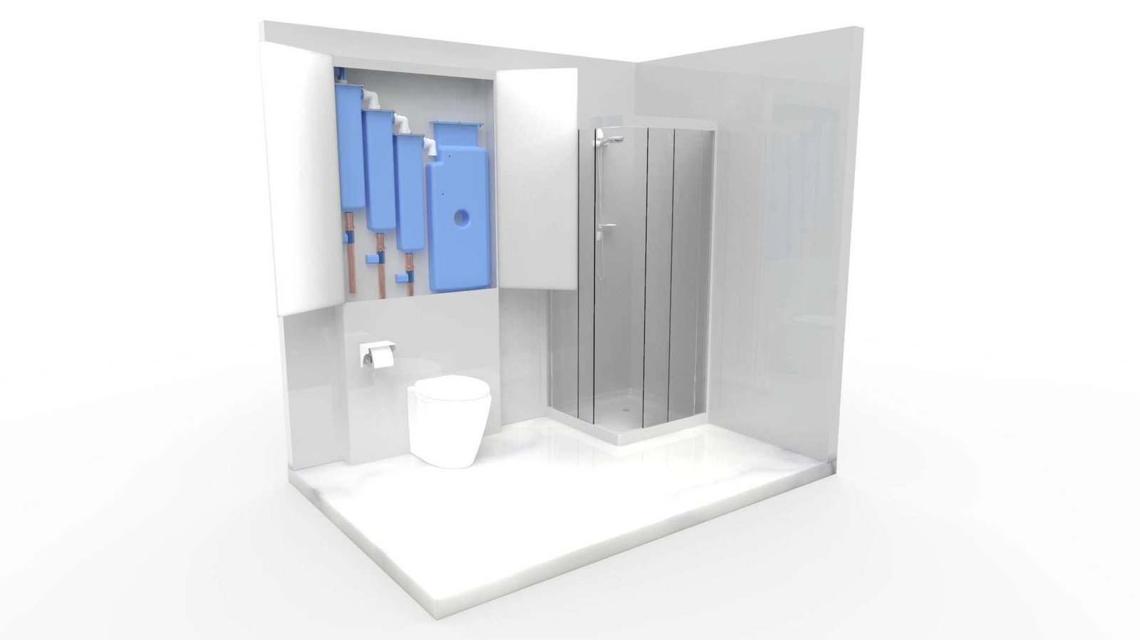 Coloured illustration showing interior of bathroom with cuboidal shower unit with silver doors, and cistern, behind which are a number of blue-coloured, near-flat, cuboidal units embedded within a wall cavity and attached to pipes