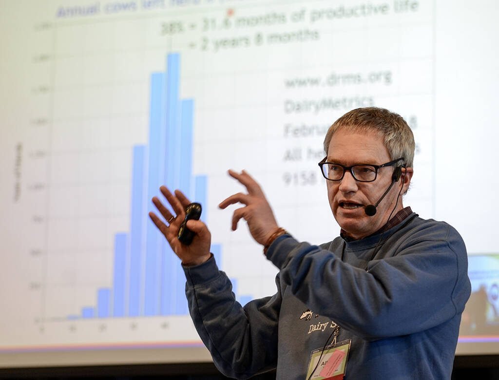 Albert De Vries, University of Florida Department of Animal Studies professor, shared insight on how to increase dairy herd longevity at the Grey Bruce Farmers Week Dairy Day in January. Photo by Diana Martin