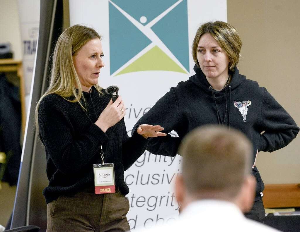 Ontario Veterinary College grad student Dr. Caitlin Evered, left, and OVC assistant professor Dr. Emma Borkowski, right, presented research on managing gastrointestinal nematodes (GINs) in pastured goats during Grey Bruce Farmers Week Goat Day in January. Photo: Diana Martin  