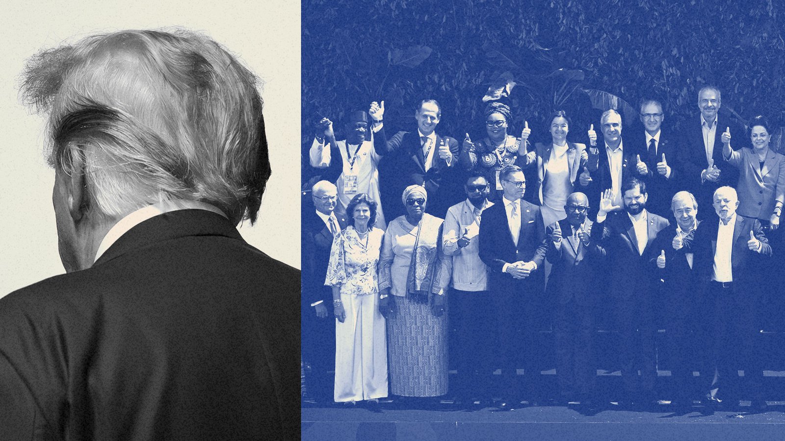 Side-by-side photos of Trump turned away and a group photo of smiling representatives at COP30