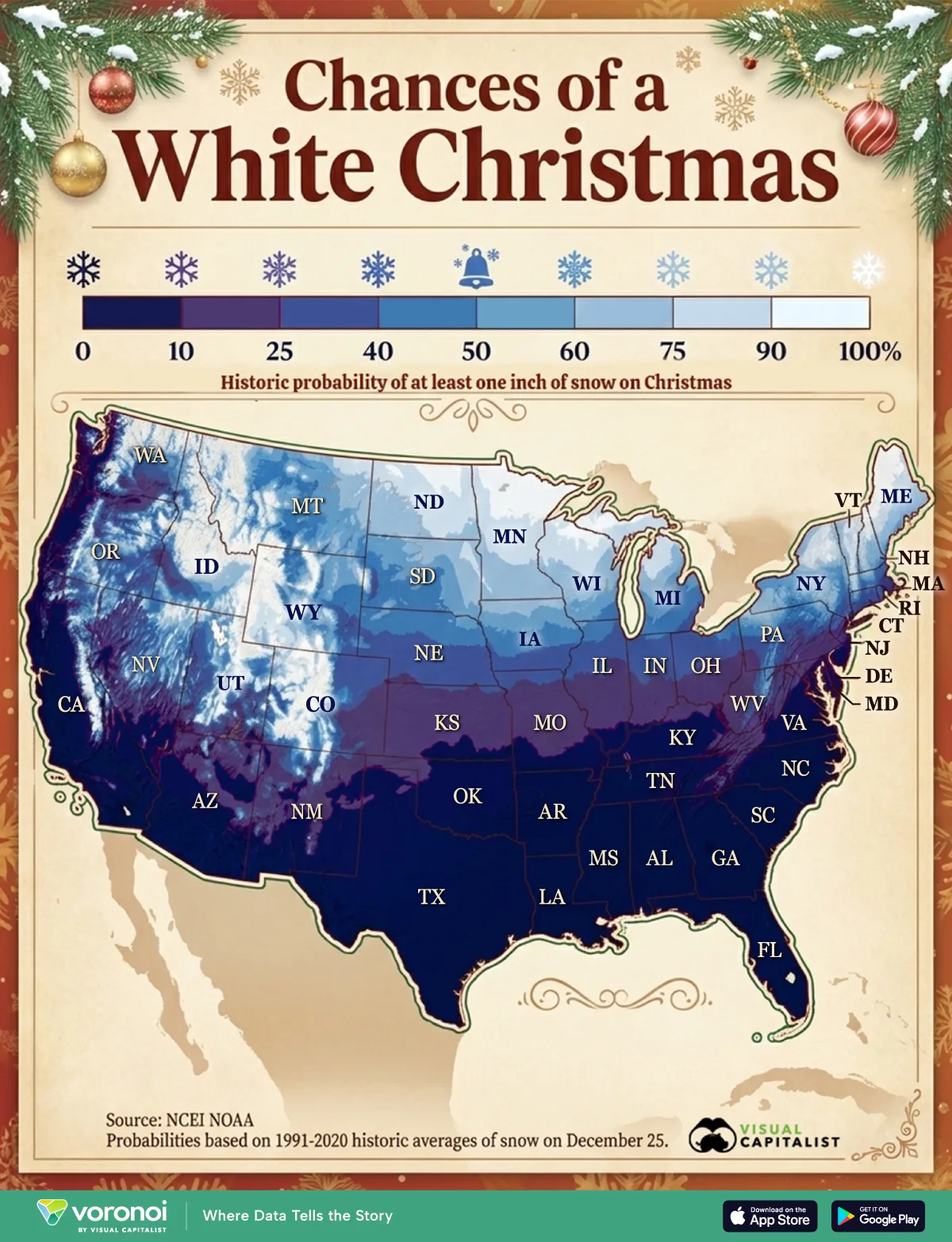 Map of the probabilities of a white Christmas with snowfall in the U.S.