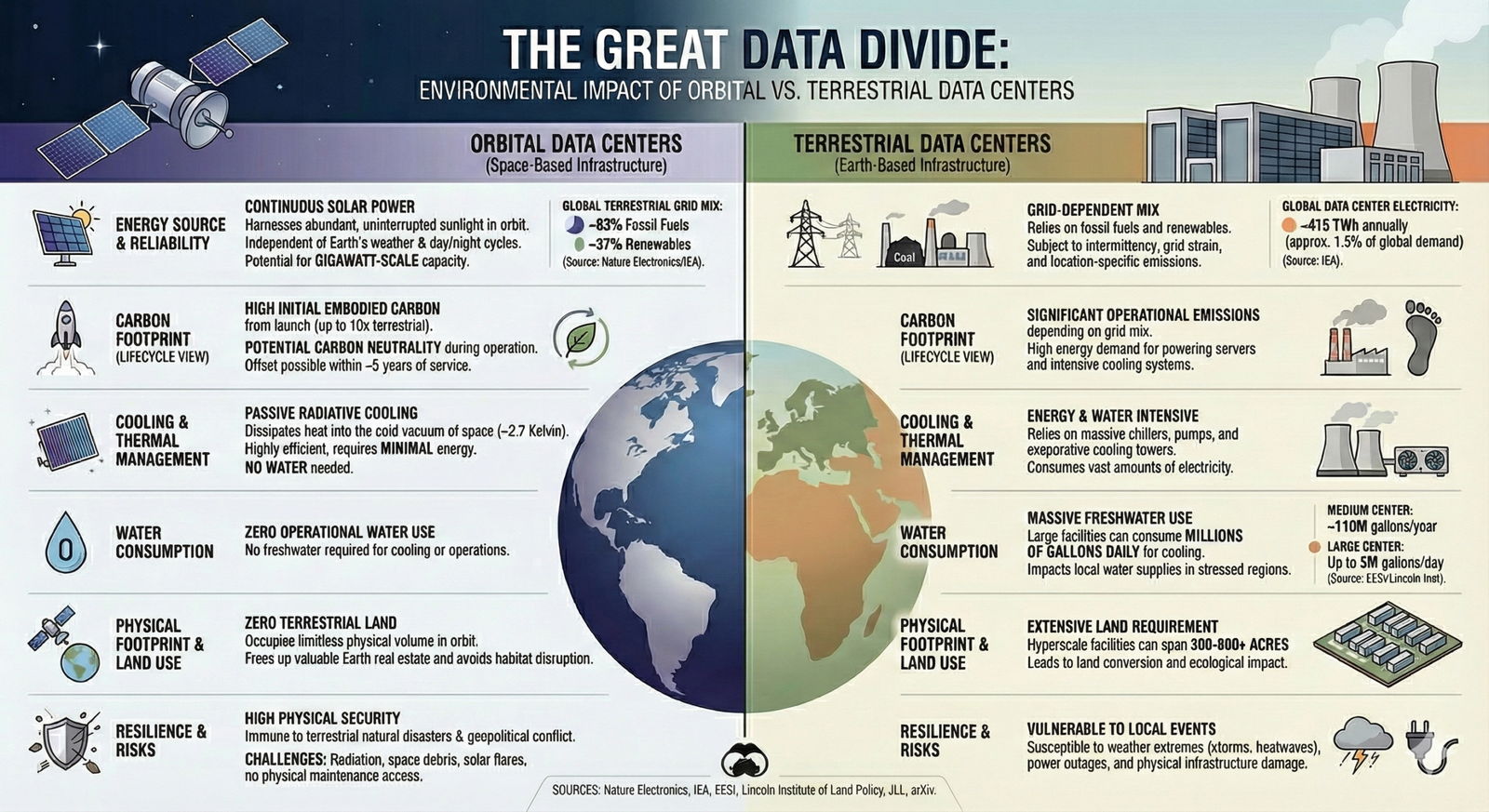 Orbital data center infographic. Environmental impact of orbital and terrestrial data centers
