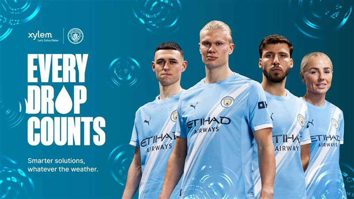 Flyer design with 4 players in blue Manchester City shirts looking at the camera, all set against a blue or turquoise background, and with the words 'EVERY DROP COUNTS' prominently displayed