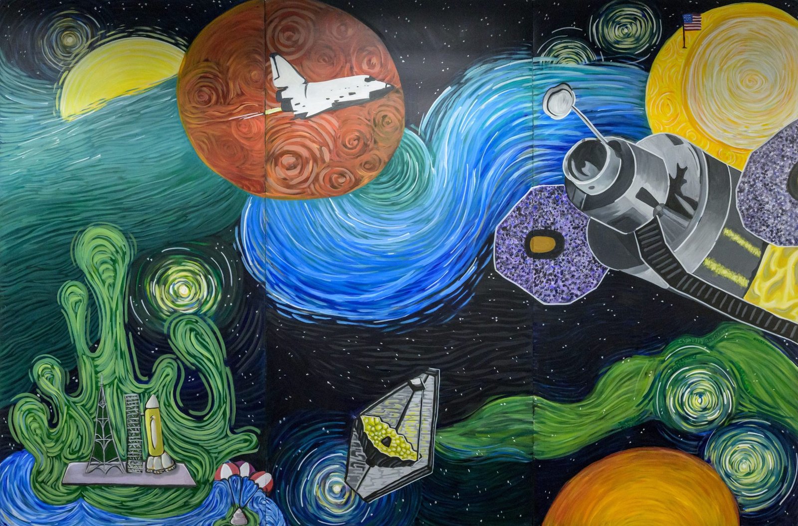 A colorful art mural with a Van Gogh style depicting space exploration.