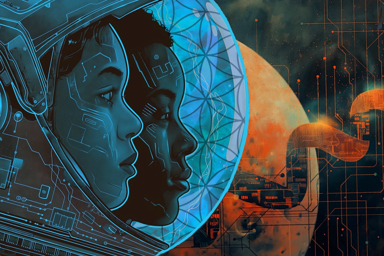 A stylized digital artwork featuring two individuals in profile within an astronaut helmet. The helmet’s design incorporates circuitry patterns. In the background, Mars looms with orange and red hues, surrounded by abstract geometric lines and digital elements.