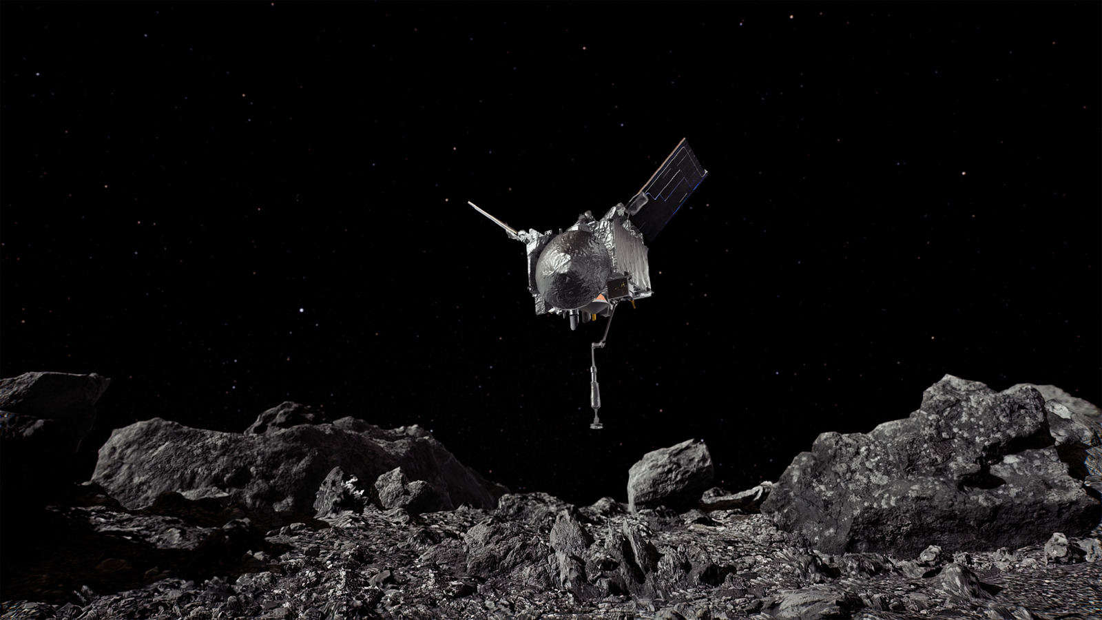 Artist's concept of OSIRIS-REx about to collect a sample from Bennu's rocky surface.
