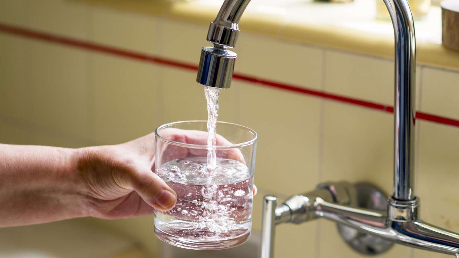 Hand holding a cup as water from a faucet fills the cup.