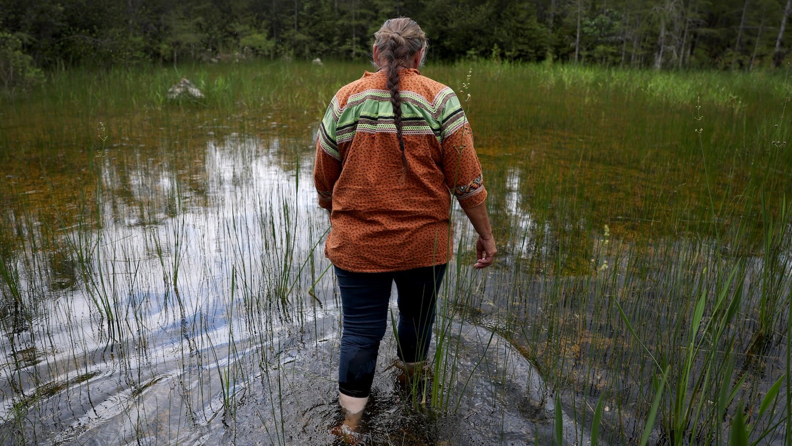 a wpman walks in shallow waters in the Everglades