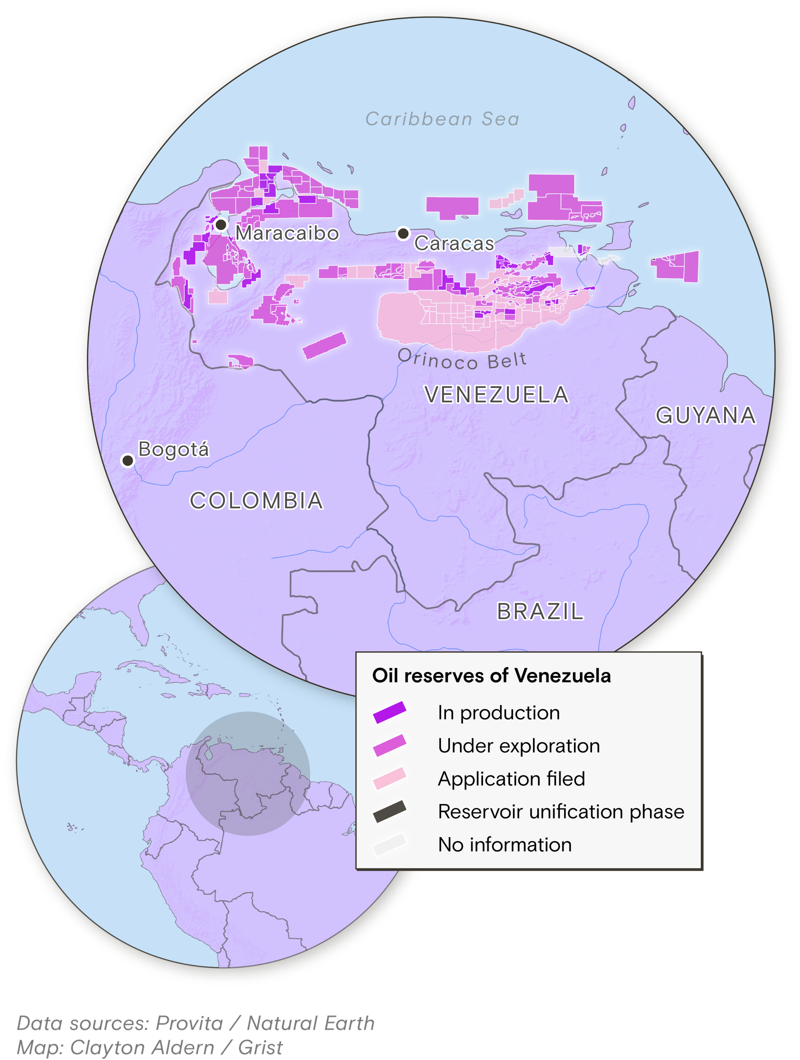 Map of Venezuela showing oil reserve locations, concentrated around Lake Maracaibo in the northwest and in a large band across the north-central region toward Guyana (the Orinoco Belt). Data from Provita/Natural Earth.