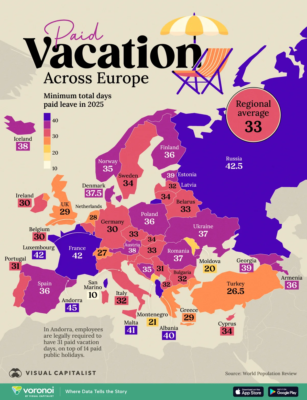 A map of Europe showing the minimum number of paid vacation and public holiday days by country in 2025.