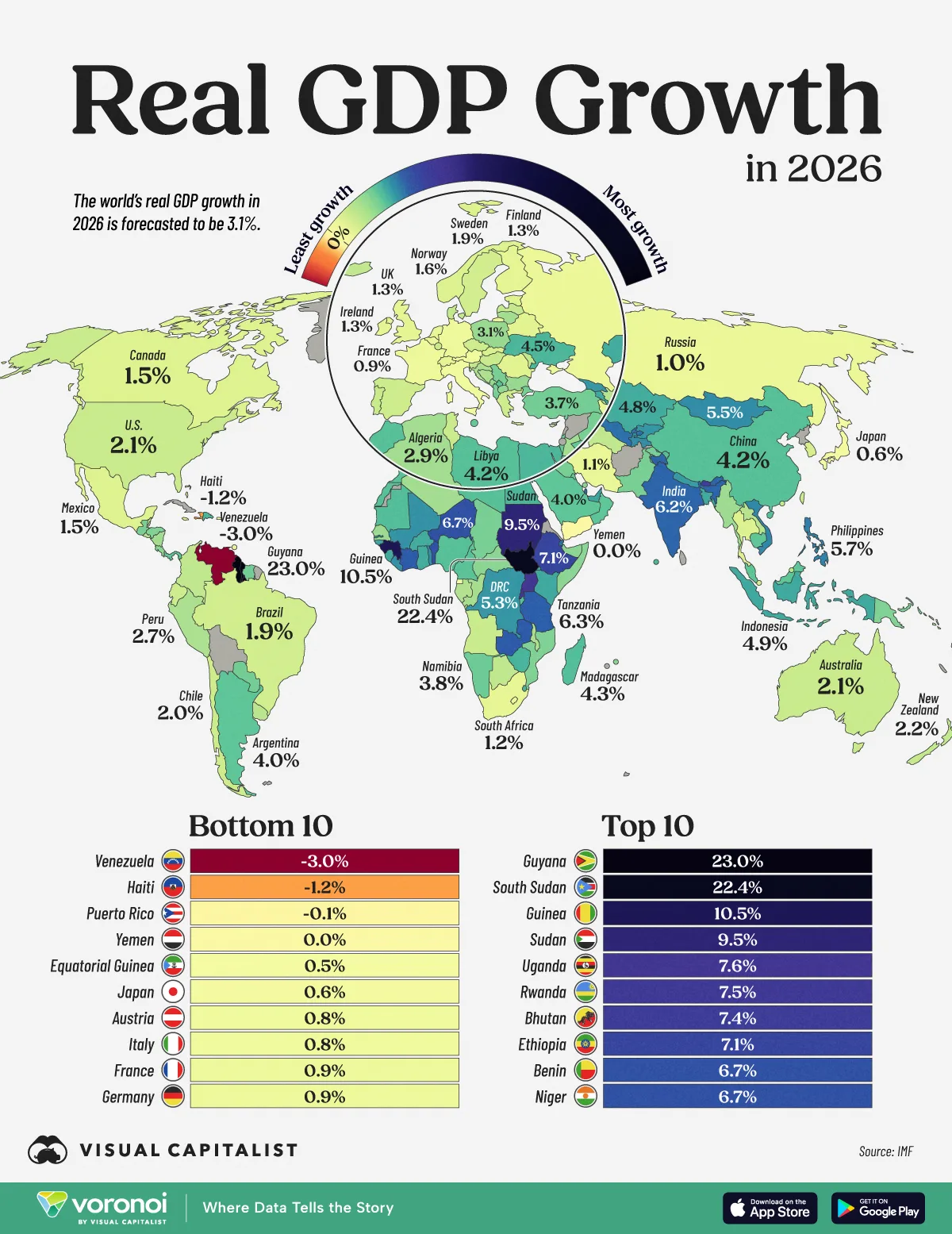 Map showing the real GDP growth rate of countries in 2026.