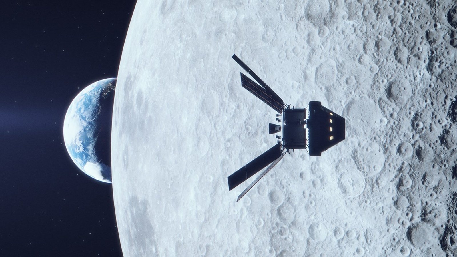 The Orion orbiter, with 4 solar fins spread out, flies above the nearby Moon, while Earth can be seen behind the Moon.
