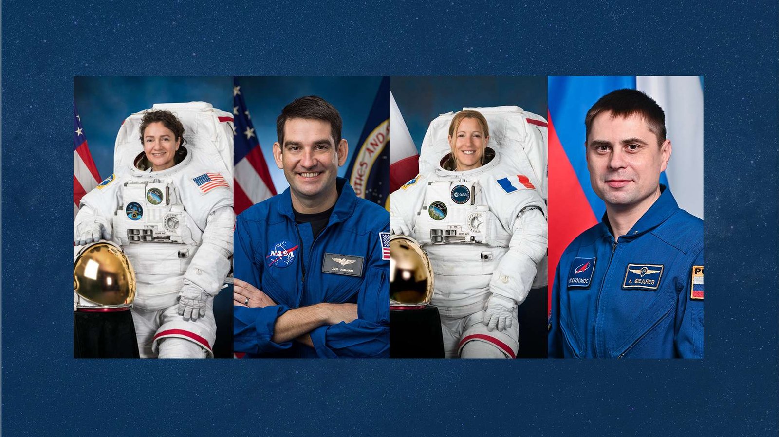 Image shows a blue background featuring pictures of four astronauts that comprise of NASA's SpaceX Crew-12 mission. From left to right, NASA astronauts Jessica Meir and Jack Hathaway, ESA (European Space Agency) astronaut Sophie Adenot, and Roscosmos cosmonaut Andrey Fedyaev.