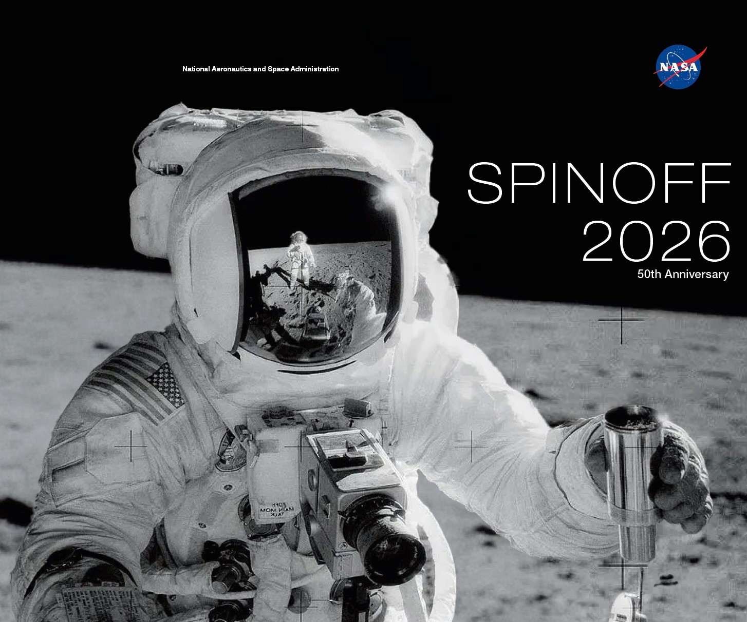 Spinoff 2026 marks the publication's 50th year documenting commercial uses of NASA technology. This edition’s cover features Astronaut Alan Bean holding an environmental sample container filled with lunar soil during the Apollo 12 mission of November 1969. Astronaut Charles Conrad Jr., who took this picture, is reflected in Bean’s helmet visor.