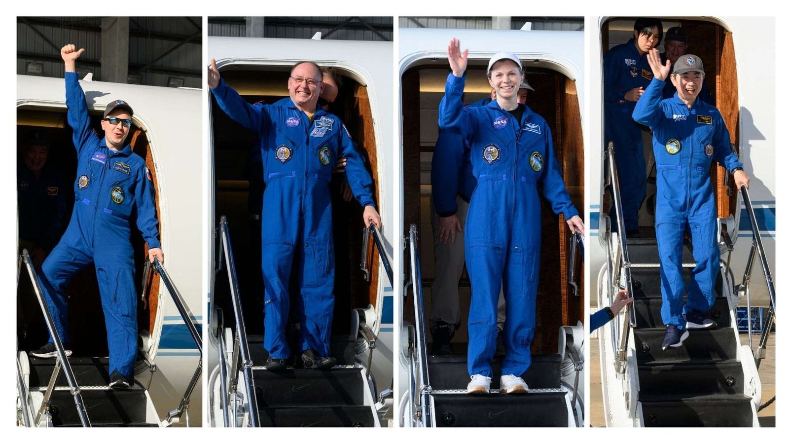 NASA’s SpaceX Crew-11 crew returns to Ellington Field’s Guppy Hangar in Houston on Jan. 16, 2026, from left to right is Roscosmos cosmonaut Oleg Platonov, NASA astronauts Mike Fincke, and Zena Cardman, and JAXA (Japan Aerospace Exploration Agency) astronaut Kimya Yui.