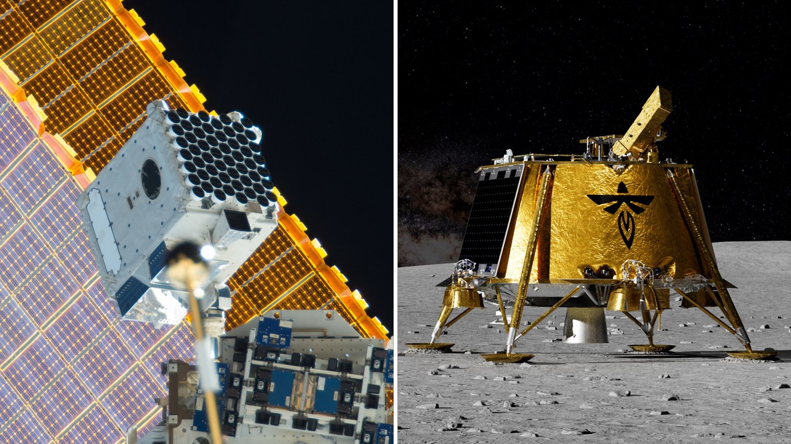 A split-screen image showing two different space missions. On the left, a silver box-shaped instrument with a grid of circular sensors, is attached to the International Space Station, with bright orange solar arrays in the background. On the right, an artist’s concept of a gold-foil-wrapped lunar lander with four thin legs stands on the grey, cratered Moon’s surface under a black, star-filled sky. The lander features a black stylized bird logo on its side.