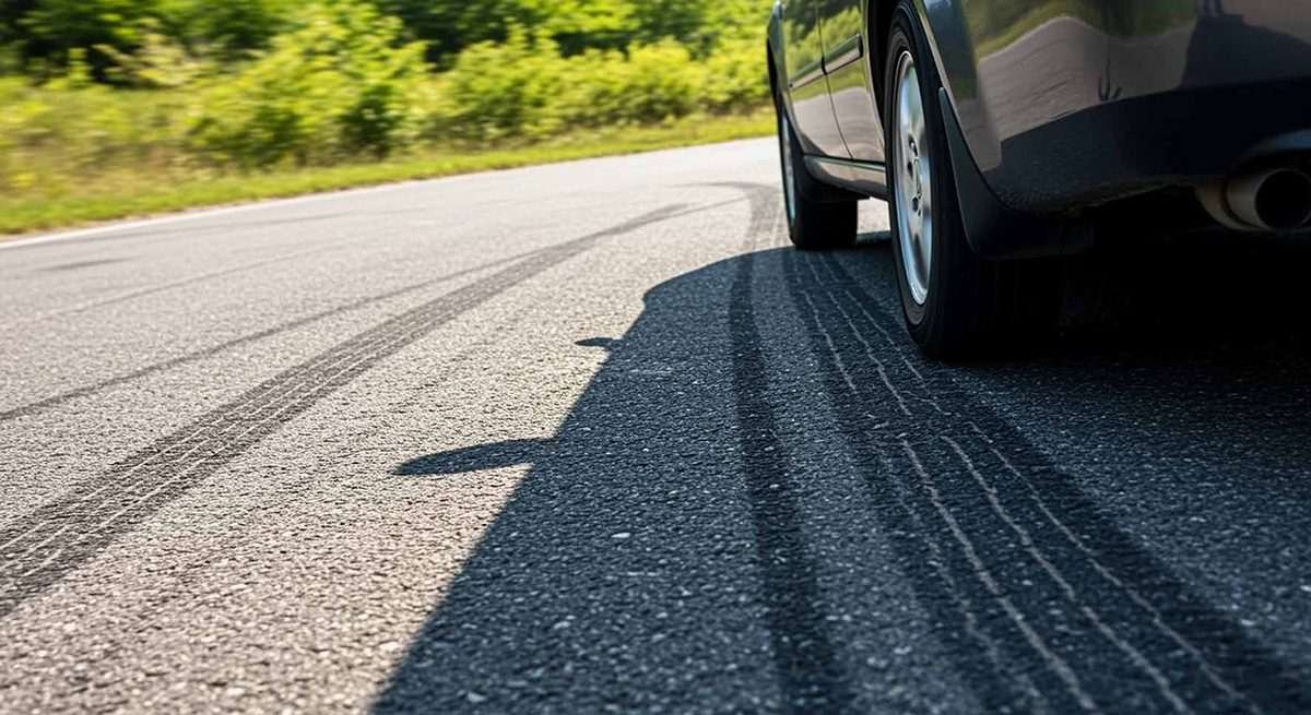 Front and rear wheels of car, seen from slightly behind and to the side, of a vehicle, possibly in motion, on a road, with tyre markings visible on the grey asphalt surface