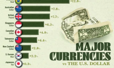 Bar chart showing the performance of major currencies against the U.S. dollar in 2025.