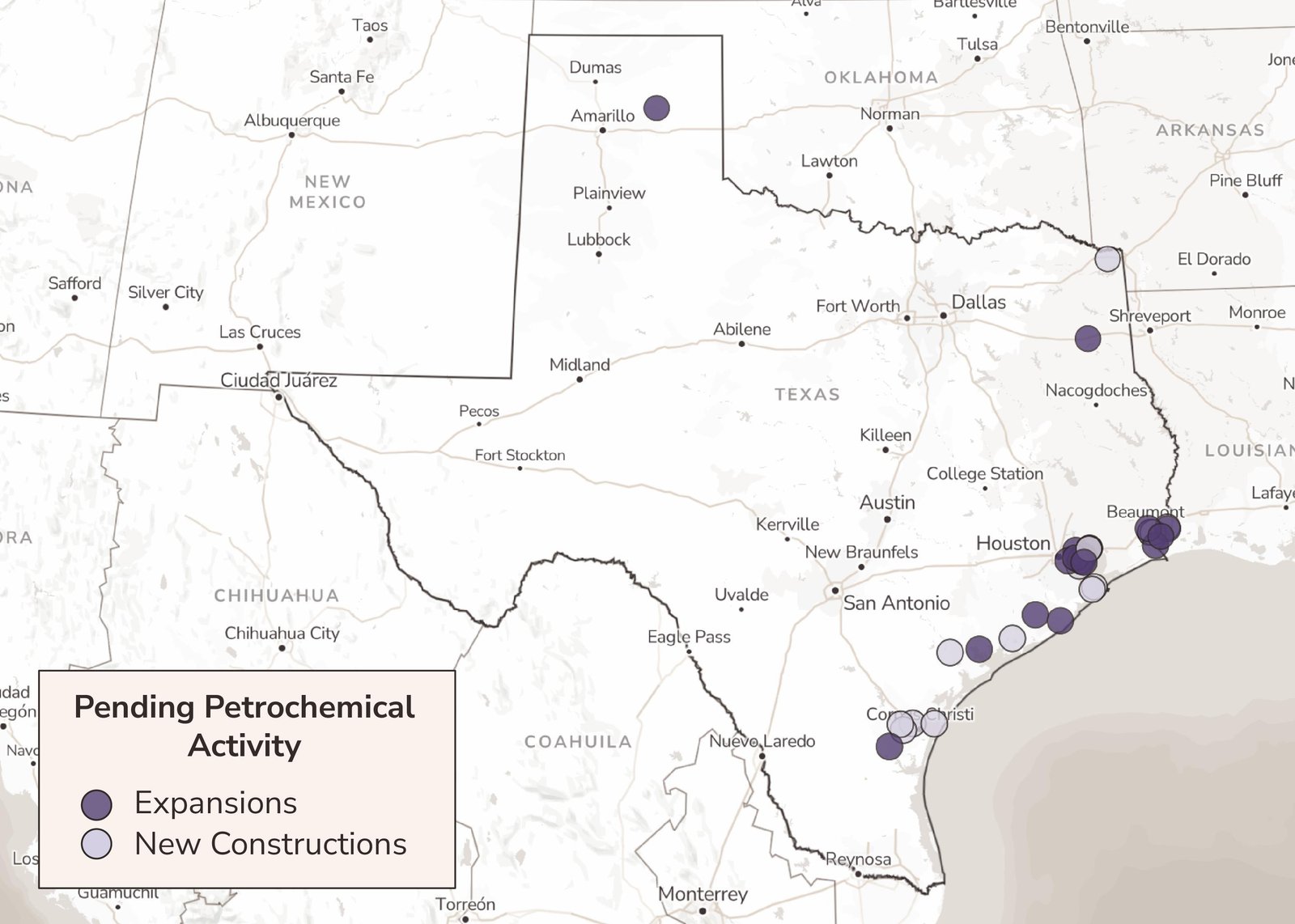 A map of Texas petrochemical plants