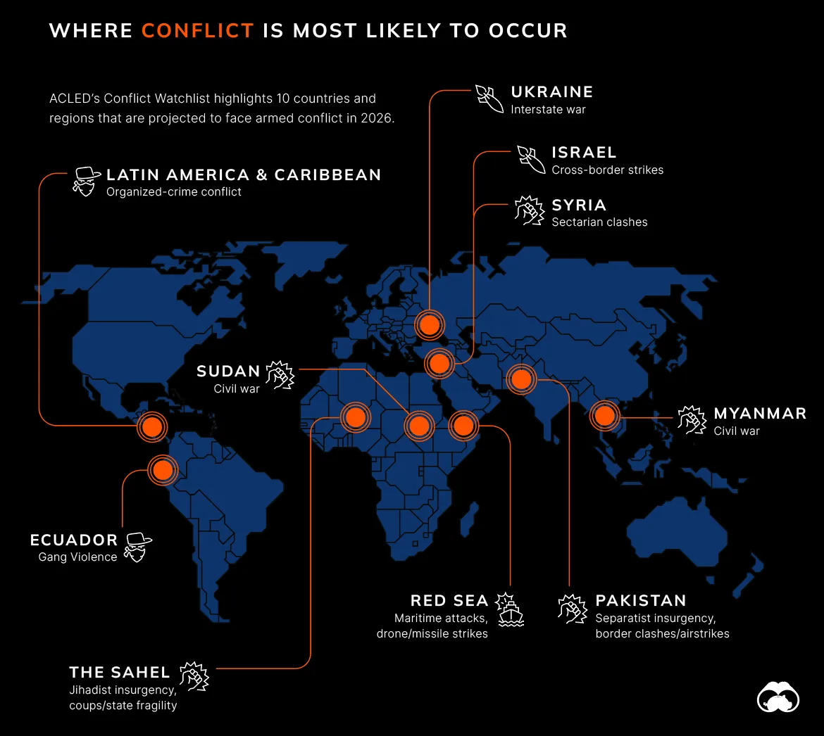 World map shows a number of hotspots where conflict could erupt in 2026