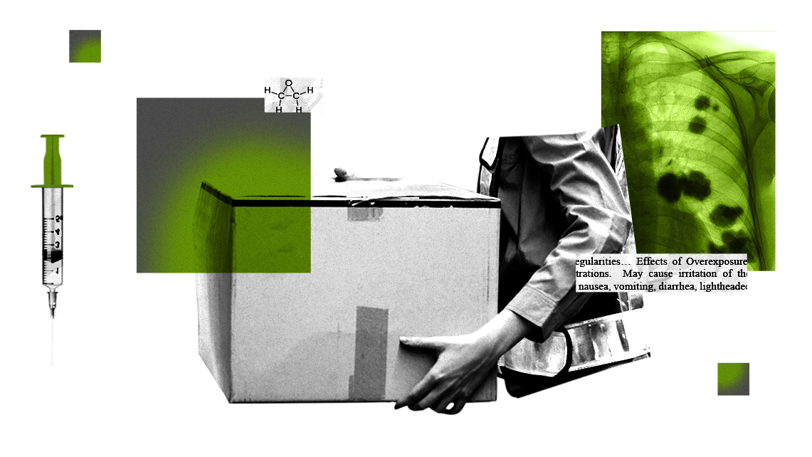 Collage featuring warehouse worker carrying cardboard box off-gassing ethylene oxide